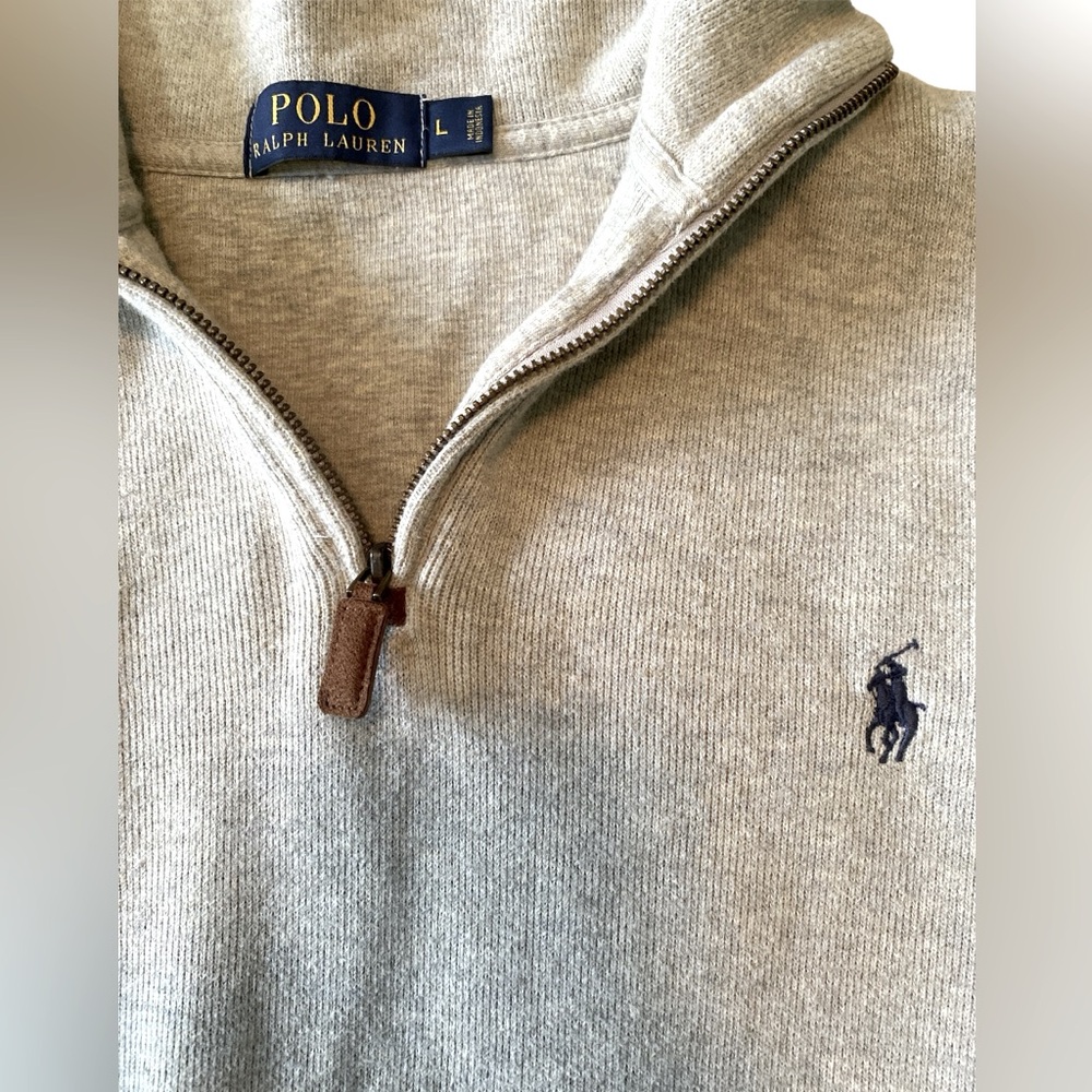 POLO Large Grey Estate-Rib With Suede Quarter-Zipper Pullover, Dark Blue Logo